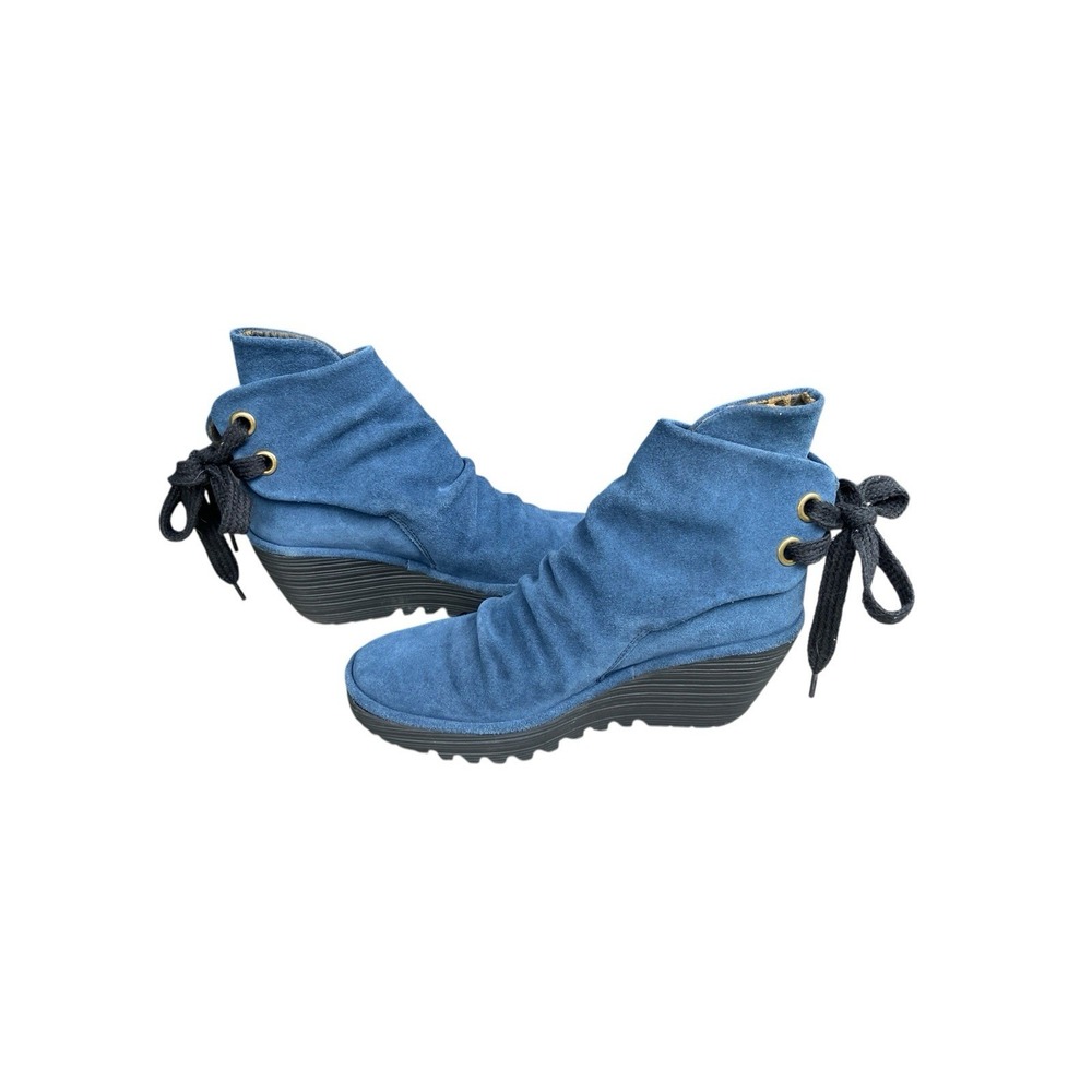Fly London Yama Marino Blue Suede Wedge Booties 37 US Size 6
